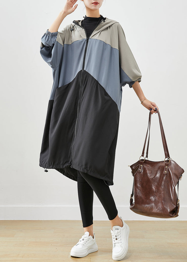 Stylish Colorblock Oversized Patchwork Drawstring Spandex Trench Fall