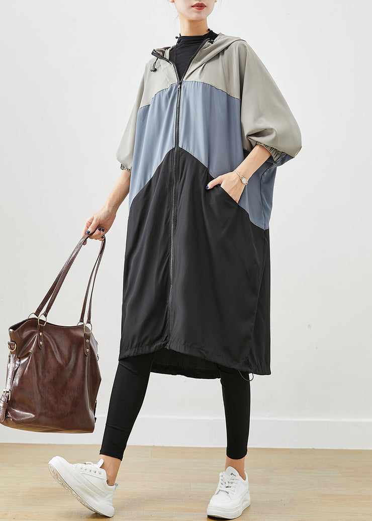 Stylish Colorblock Oversized Patchwork Drawstring Spandex Trench Fall