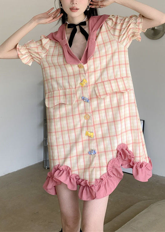 Stylish Colorblock Plaid Ruffled Patchwork Cotton Mid Dress Summer