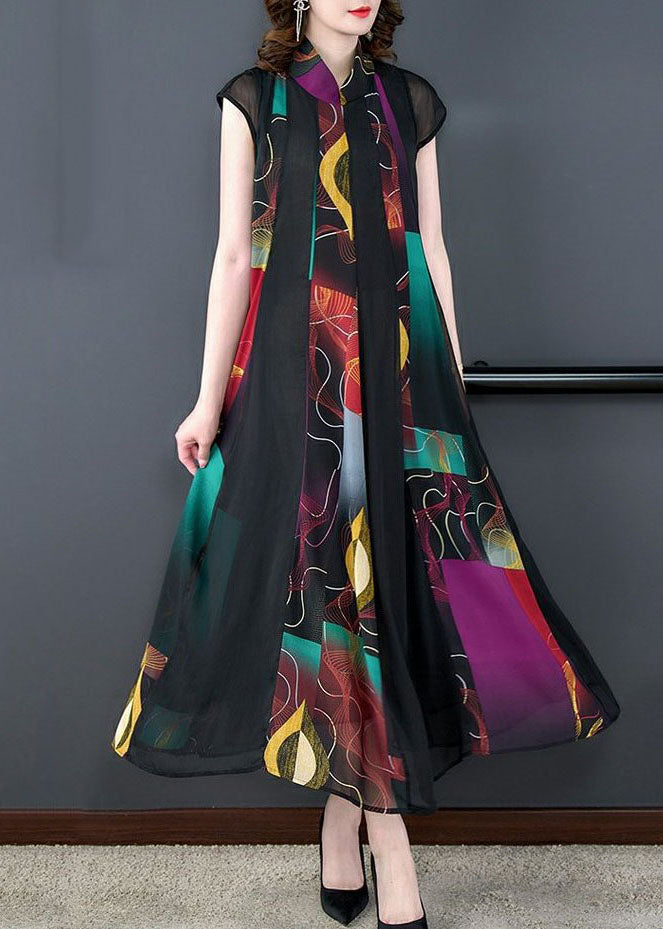 Stylish Colorblock Stand Collar Print Wrinkled Patchwork Chiffon Dress Summer