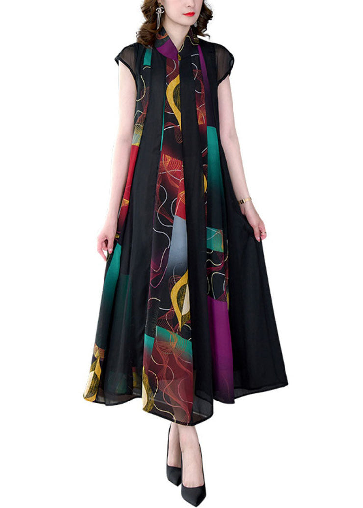 Stylish Colorblock Stand Collar Print Wrinkled Patchwork Chiffon Dress Summer