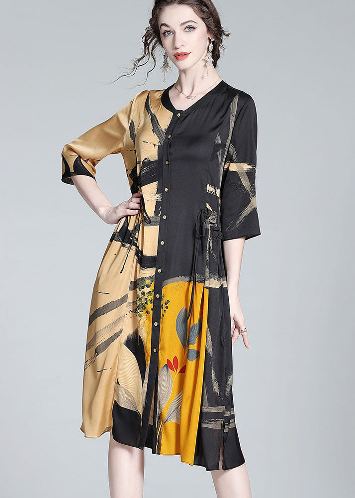 Stylish Colorblock Stand Collar Print Wrinkled Silk Dresses Bracelet Sleeve