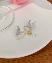 Stylish Colorblock Sterling Silver Alloy Zircon Asymmetric Crystal Pearl Butterfly Drop Earrings