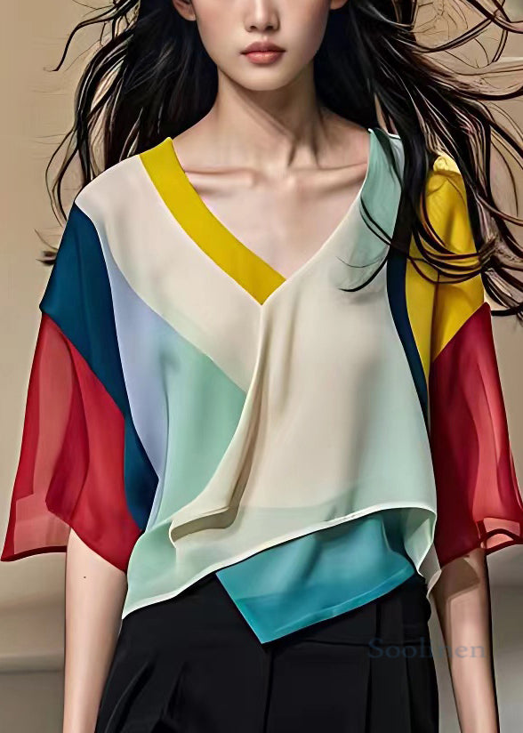 Stylish Colorblock V Neck Asymmetrical Chiffon Shirt Half Sleeve