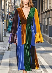 Stylish Colorblock V Neck Patchwork Plus Size Velvet Dresses Fall