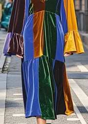 Stylish Colorblock V Neck Patchwork Plus Size Velvet Dresses Fall