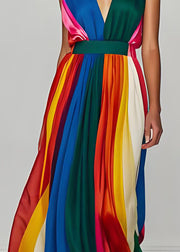 Stylish Colorblock V Neck Patchwork Silk Long Dresses Sleeveless