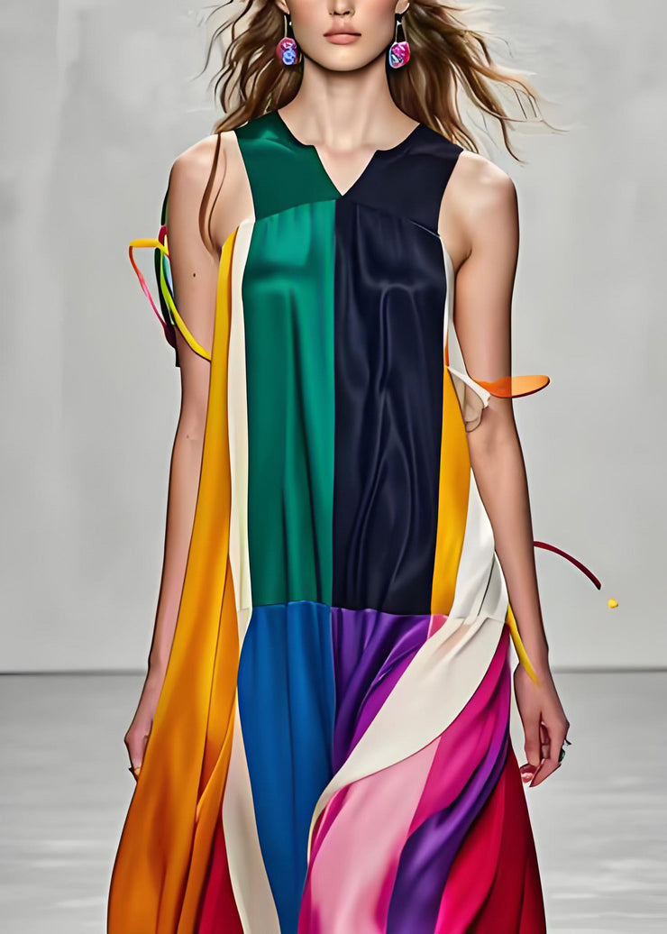 Stylish Colorblock V Neck Patchwork Silk Maxi Dress Sleeveless