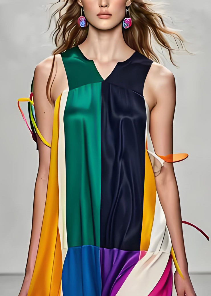 Stylish Colorblock V Neck Patchwork Silk Maxi Dress Sleeveless