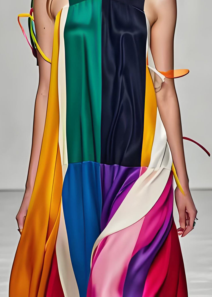 Stylish Colorblock V Neck Patchwork Silk Maxi Dress Sleeveless