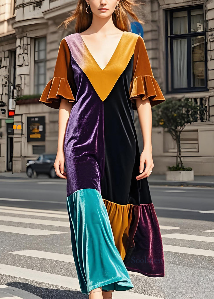 Stylish Colorblock V Neck Patchwork Velvet Dress Butterfly Sleeve