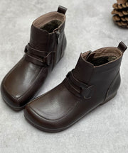 Stylish Cowhide Leather Boots Zippered Warm Fleece Flat Boots