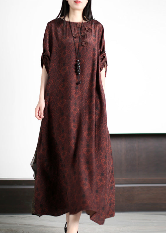 Stylish Dark Red O-Neck Print Silk Maxi Dress Summer