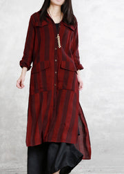 Stylish Dark Red Peter Pan Collar Striped Button Side Open Low High Design Long Shirts Spring