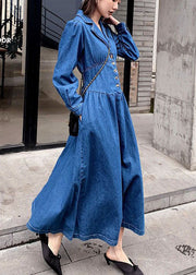 Stylish Denim Blue Cinched Patchwork Elastic Waist Long Dresses Spring