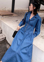 Stylish Denim Blue Cinched Patchwork Elastic Waist Long Dresses Spring