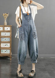 Stylish Denim Blue Slash Neck Print Patchwork Harem Jumpsuit Sleeveless