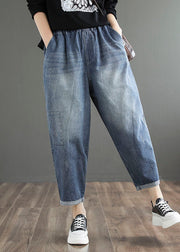 Stylish Denim Blue Solid Color Elastic Waist Pockets Patchwork Applique Cotton Harem Pants Summer