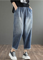 Stylish Denim Blue Solid Color Elastic Waist Pockets Patchwork Applique Cotton Harem Pants Summer