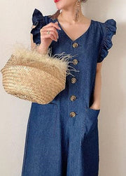 Stylish Denim Blue V Neck Cotton Jumpsuit Wide Leg Pants Butterfly Sleeve