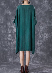 Stylish Dull Green Oversized Striped Linen Dresses Batwing Sleeve