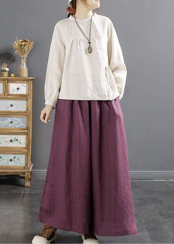 Stylish Dull Purple Oversized Linen Wide Leg Pants Spring