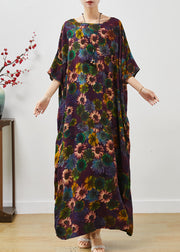 Stylish Dull Purple Oversized Sunflower Print Cotton Robe Dresses Summer