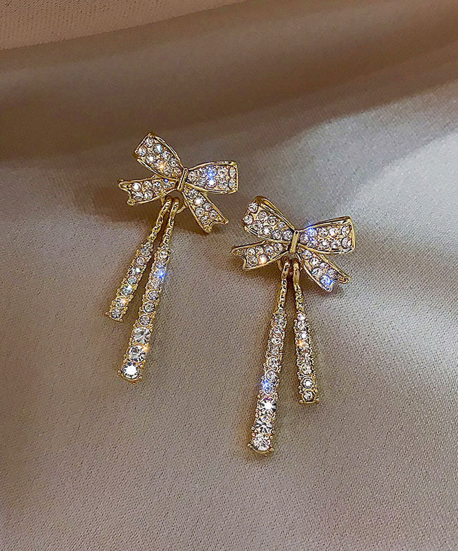 Stylish Gold Alloy Zircon Bow Tassel Drop Earrings