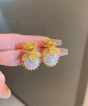 Stylish Gold Alloy Zircon Floral Pearl Stud Earrings