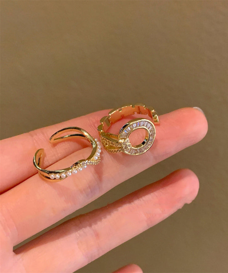 Stylish Gold Copper Inlaid Zircon Pearl Circle Hollow Out Two Piece Set Rings Rings