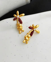 Stylish Gold Copper Overgild Oil Drip Zircon Little Bear Floral Stud Earrings