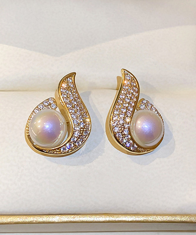 Stylish Gold Copper Overgild Zircon Pearl Fish Tail Water Drop Hoop Earrings