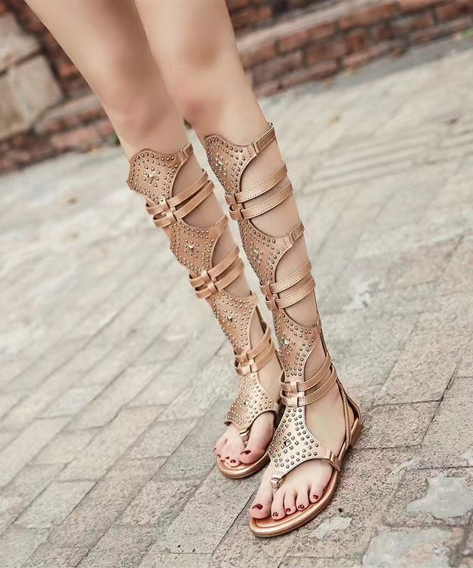 Stylish Gold Hollow Out High Barrel Flat Bottomed Rivet Roman Sandals