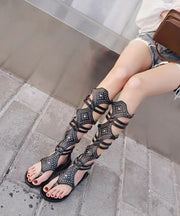 Stylish Gold Hollow Out High Barrel Flat Bottomed Rivet Roman Sandals