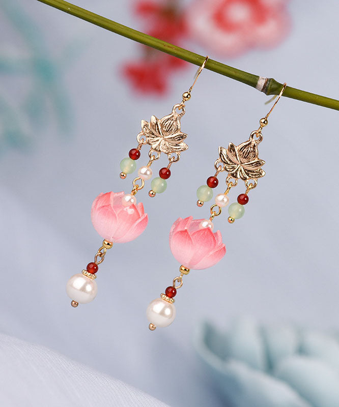 Stylish Gold Overgild Jade Coloured Glaze Lotus Tassel Drop Earrings