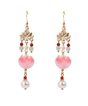 Stylish Gold Overgild Jade Coloured Glaze Lotus Tassel Drop Earrings