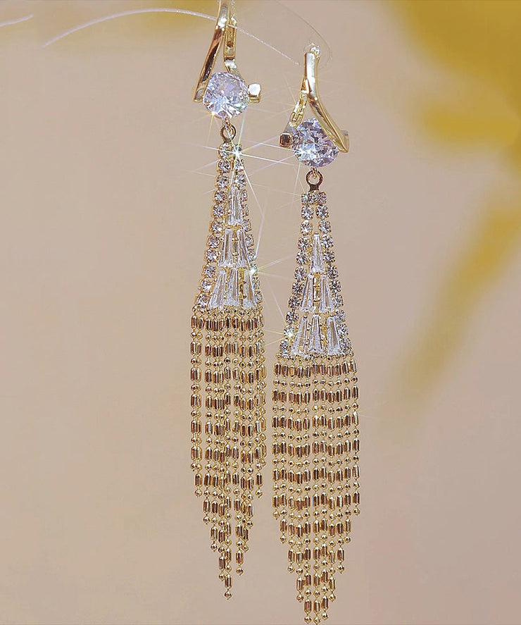 Stylish Gold Overgild Zircon Fan Shaped Chain Tassel Drop Earrings