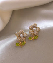 Stylish Gold Sterling Silver Alloy Zircon Pearl Floral Stud Earrings