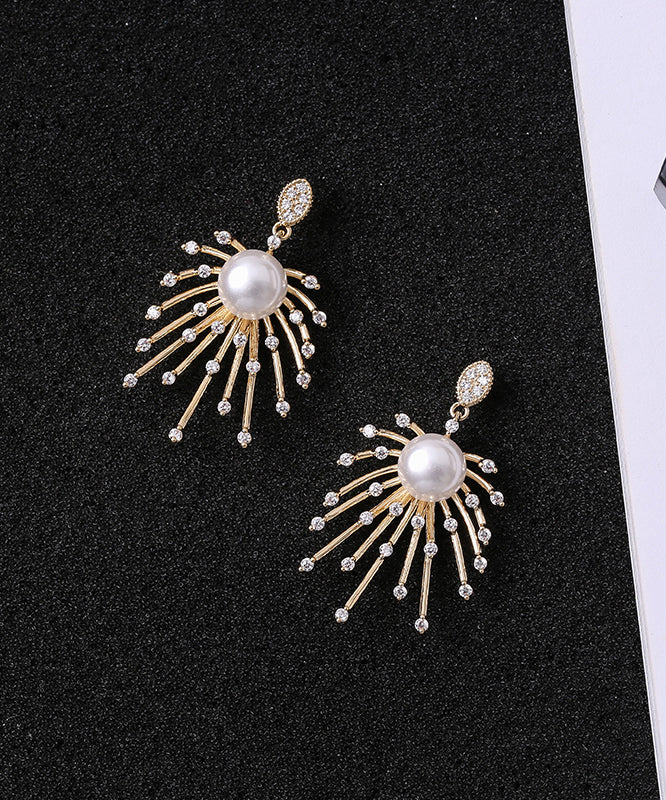 Stylish Gold Sterling Silver Copper Zircon Pearl Drop Earrings