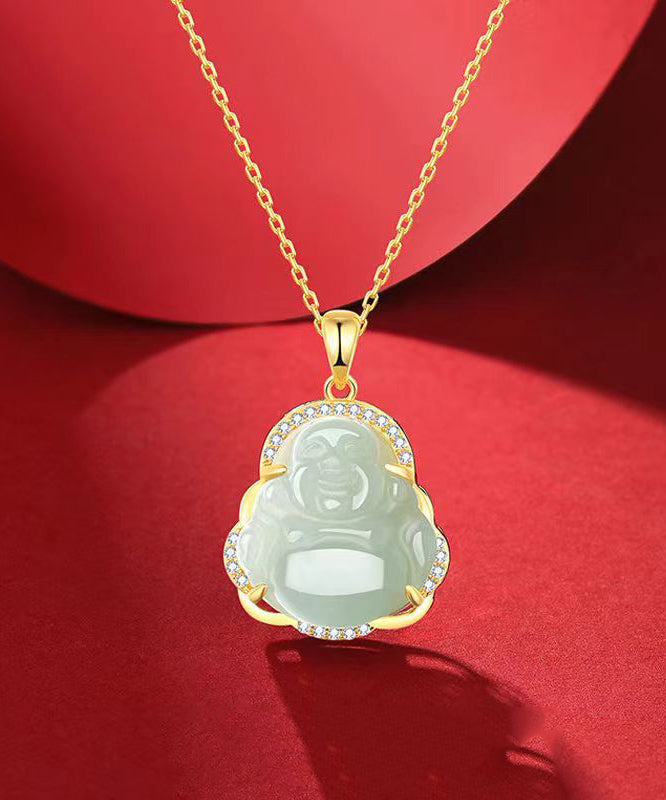 Stylish Gold Sterling Silver Overgild Zircon Jade Maitreya Pendant Necklace