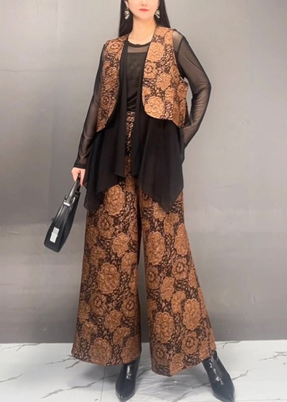 Stylish Gold Tulle Patchwork Coats And Wide Leg Pants Two Piece Set Fall