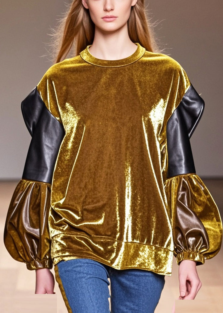 Stylish Golden Patchwork Silk Velour Blouses Lantern Sleeve