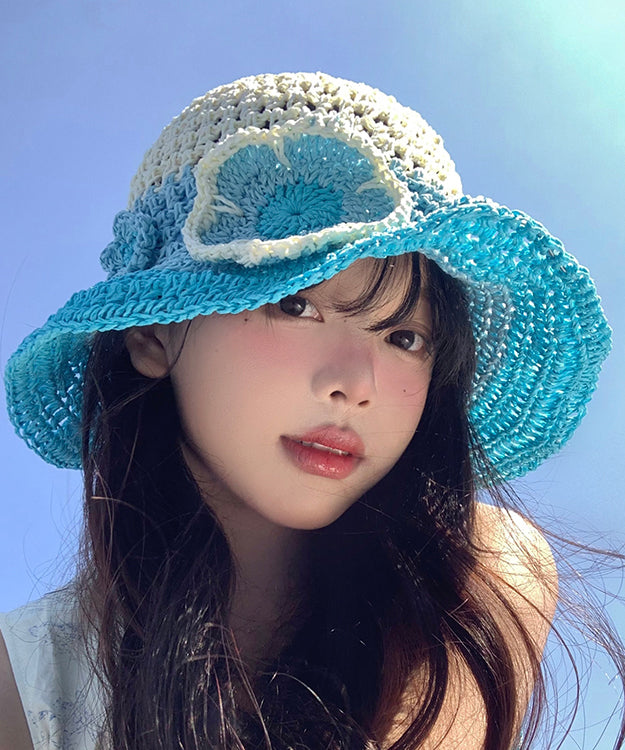 Stylish Gradient Blue Hollow Out Floral Straw Woven Floppy Sun Hat