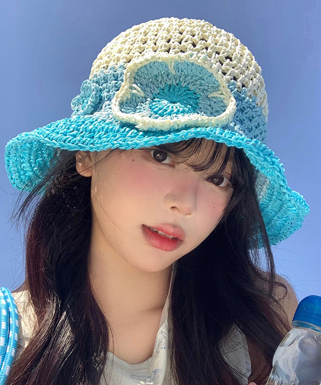 Stylish Gradient Blue Hollow Out Floral Straw Woven Floppy Sun Hat