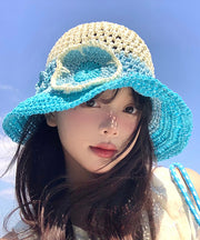 Stylish Gradient Blue Hollow Out Floral Straw Woven Floppy Sun Hat