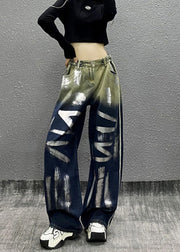 Stylish Gradient Blue Pockets Letter Denim Wide Leg Pants Fall