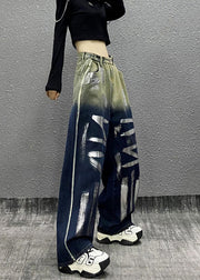 Stylish Gradient Blue Pockets Letter Denim Wide Leg Pants Fall