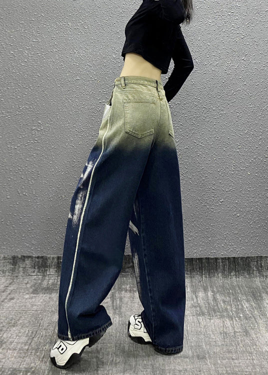 Stylish Gradient Blue Pockets Letter Denim Wide Leg Pants Fall