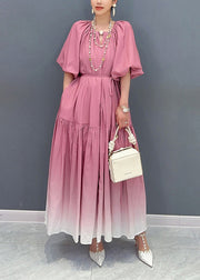 Stylish Gradient Pink Puff Sleeve Wrinkled Patchwork Cotton Long Dresses