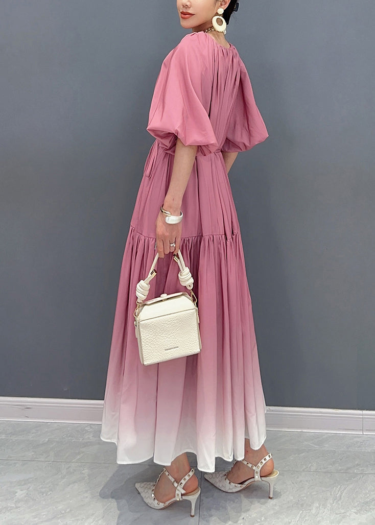 Stylish Gradient Pink Puff Sleeve Wrinkled Patchwork Cotton Long Dresses